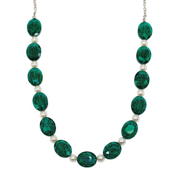 Green glass and white pearl bead necklace with large oval facet cut green beads. - Picture 2 of 11
